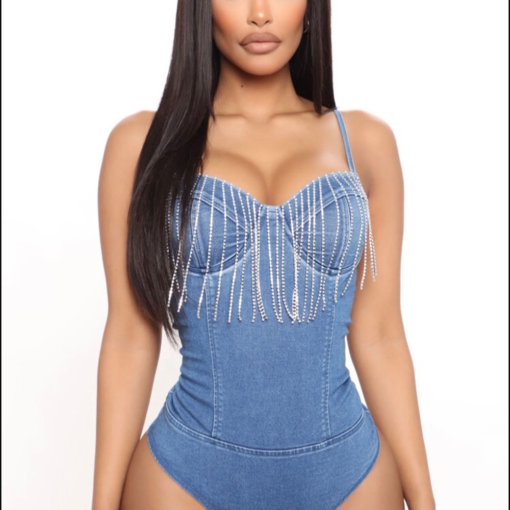 Elsie Rhinestone Denim Bodysuit